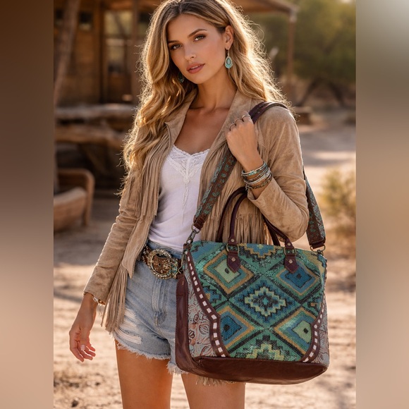 NWT Myra Curation Tote Bag Cotton Leather Turquoise Blue Brown Western Aztec - Picture 11 of 11